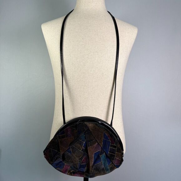70s-80s Look Clamshell Velvet Purse Long Strap, Geometric Colorful Pattern 2/$50 - Picture 7 of 14